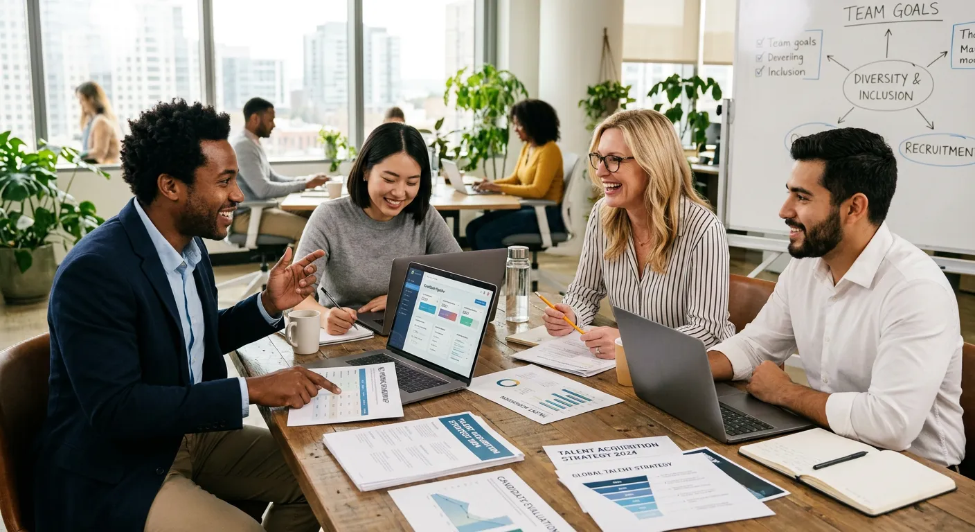 A dynamic, professional office scene with a diverse team collaborating around a table with laptops and strategic HR documents, representing modern talent acquisition and teamwork. Style: Authentic, high-resolution, professional photography with a warm, optimistic mood.