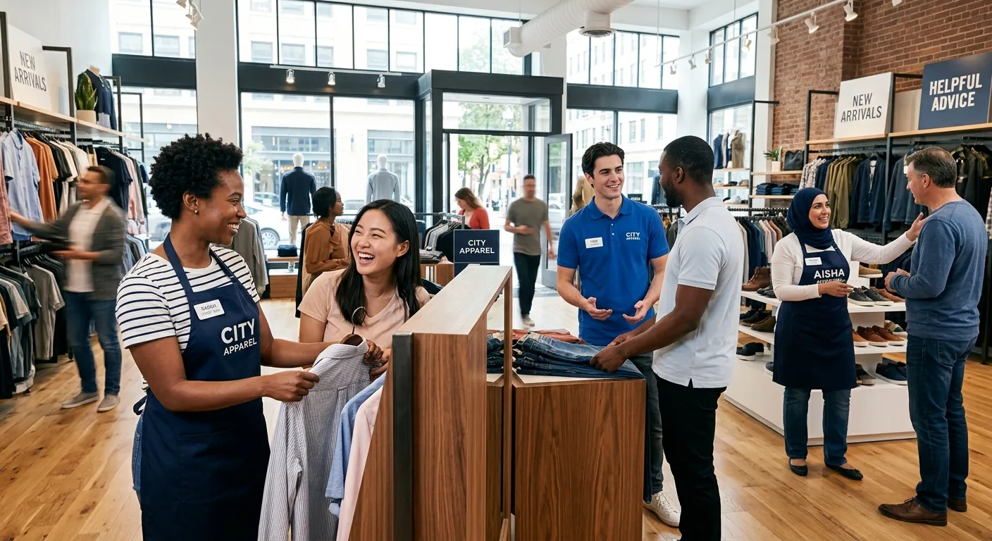 A professional, diverse group of retail staff in a modern City shopping environment, smiling and assisting customers. Bright, welcoming atmosphere showcasing retail work.