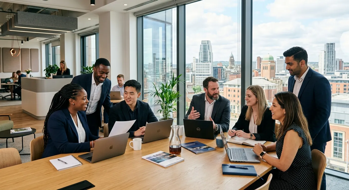 Professional photo of a diverse group of recruitment consultants and candidates collaborating in a modern Leeds office, with the Leeds skyline visible through the window. Style: Bright, confident, corporate.
