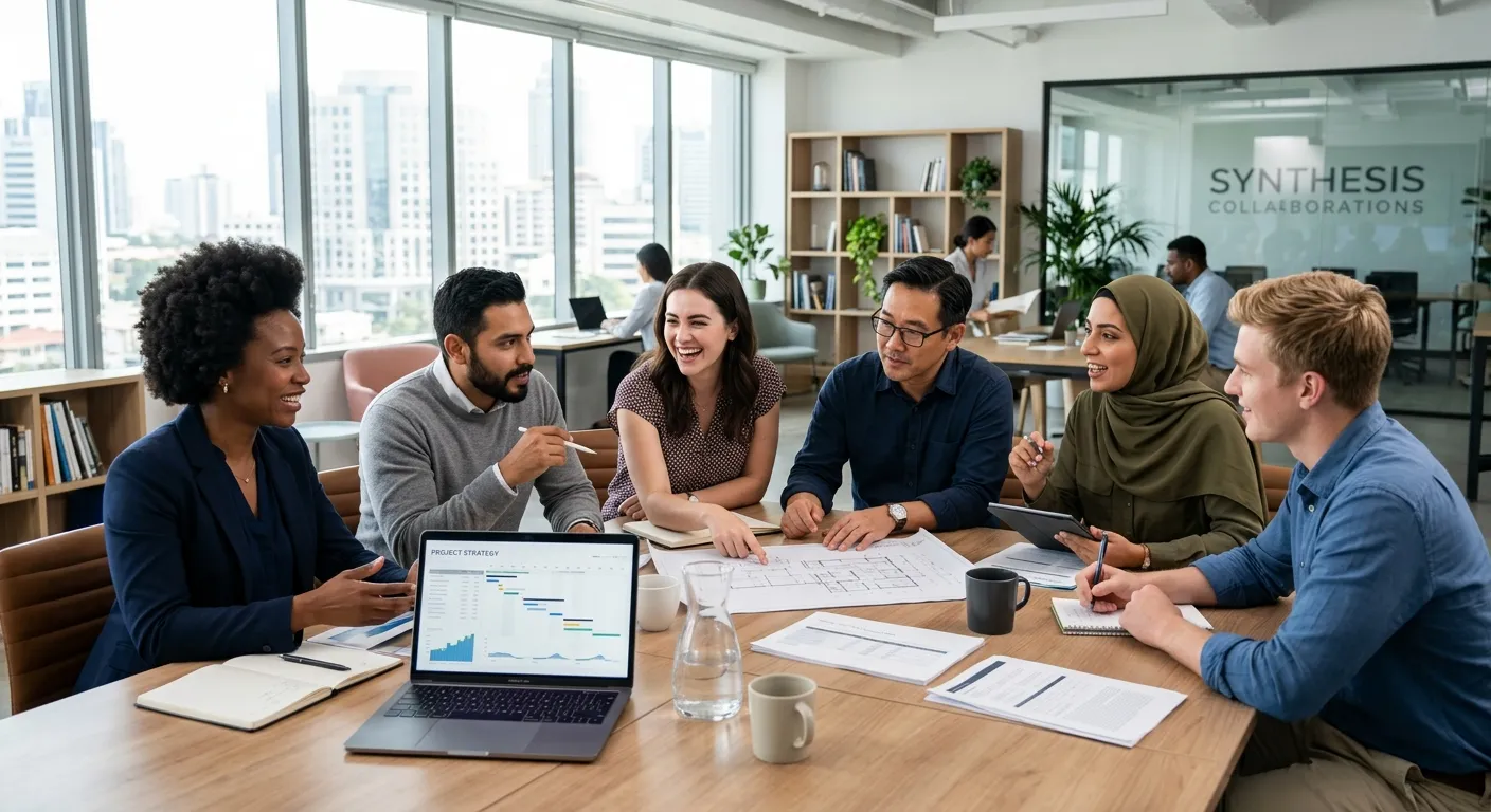A modern, professional office setting with a diverse team collaborating around a table, looking enga... A modern, professional office setting with a diverse team collaborating around a table, looking engaged and productive. Style: bright, sharp, high-resolution corporate photography. Mood: dynamic, successful, and collaborative.