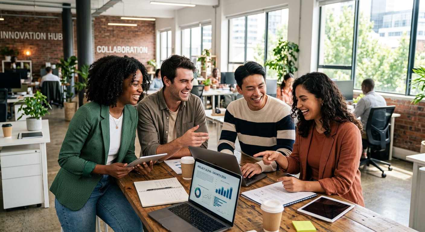 A dynamic, professional photo of a diverse group of young graduates or early-career individuals in smart casual attire, smiling and collaborating in a modern office environment. Focus on a positive, energetic mood.