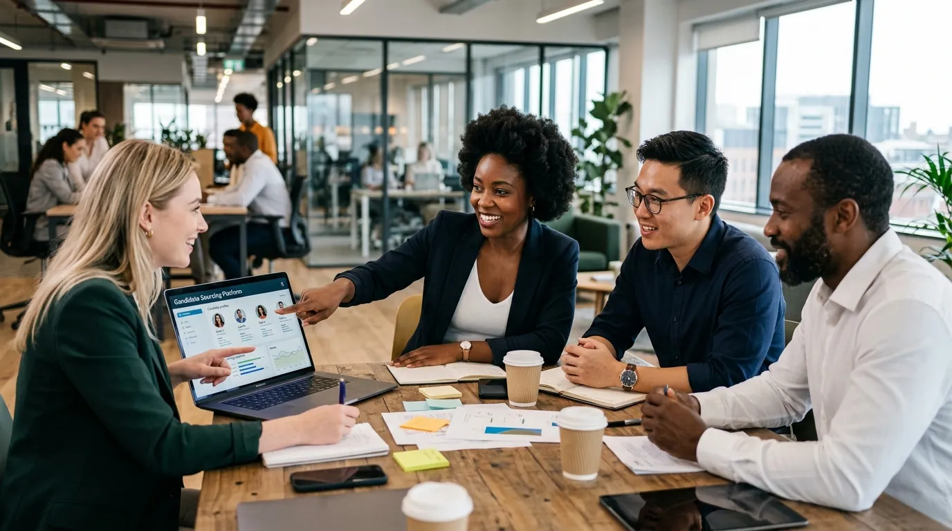 A professional, high-contrast hero image showing a diverse team of professionals in a modern office collaborating. One person is pointing to a laptop screen displaying candidate profiles. Style: Corporate, vibrant, focused. Mood: Strategic, successful, and efficient.