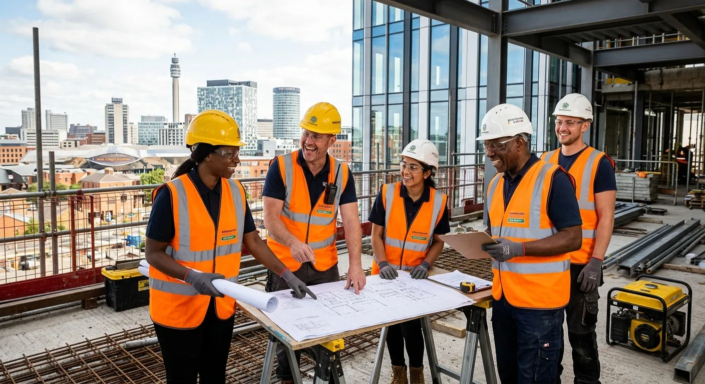 A professional, high-energy photo of a diverse team of construction labourers on a modern Birmingham building site, smiling and collaborating. They are wearing hi-vis vests and hard hats, with the Birmingham skyline in the background. Style: Authentic, inspiring, professional.