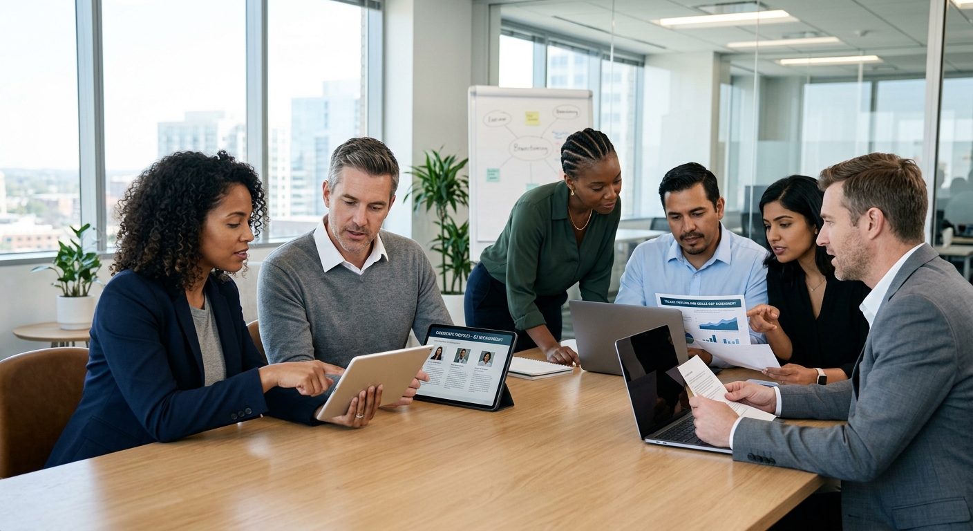 A diverse group of professional HR managers and business leaders collaborating in a modern, bright office, reviewing candidate profiles on digital tablets and laptops. The mood is strategic, efficient, and forward-thinking.