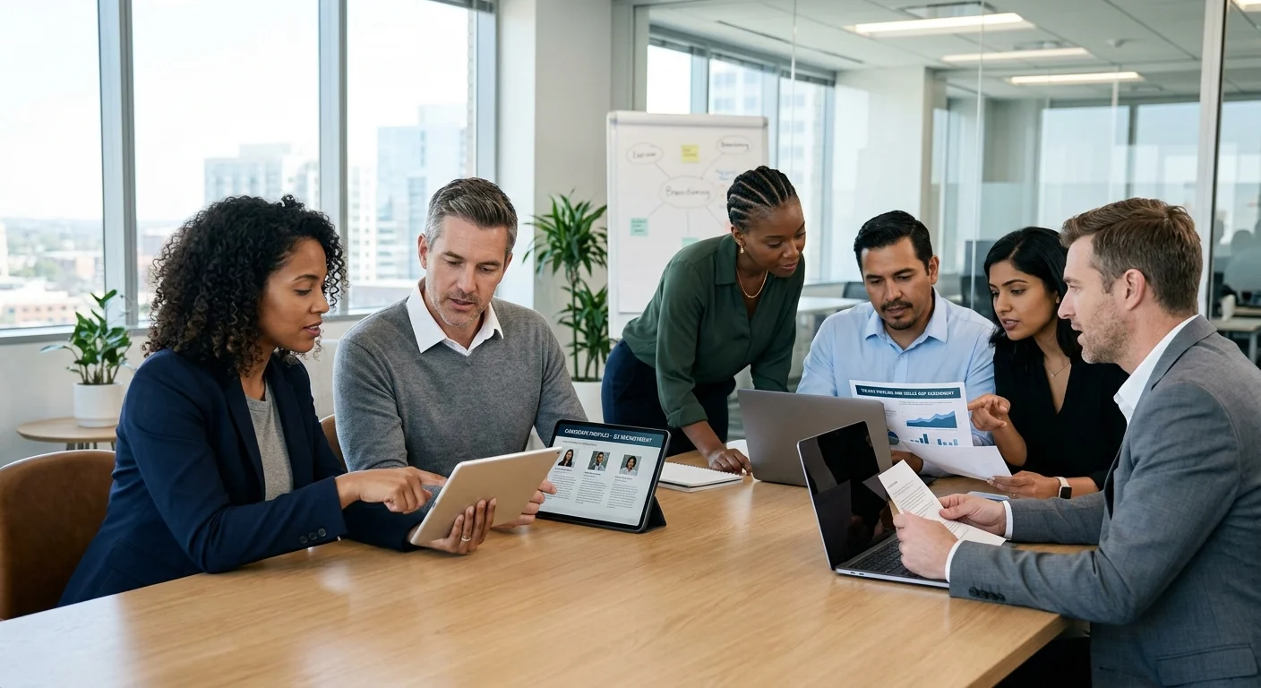 A diverse group of professional HR managers and business leaders collaborating in a modern, bright office, reviewing candidate profiles on digital tablets and laptops. The mood is strategic, efficient, and forward-thinking.