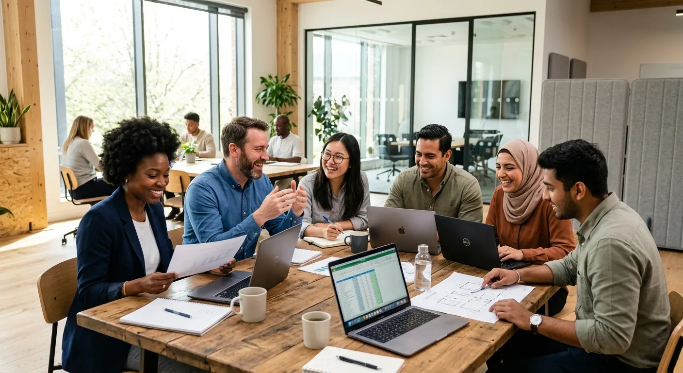 A diverse team of professionals in a modern office, collaborating around a table with laptops and do... A diverse team of professionals in a modern office, collaborating around a table with laptops and documents, smiling and looking engaged. Style: Bright, aspirational, professional corporate photography.