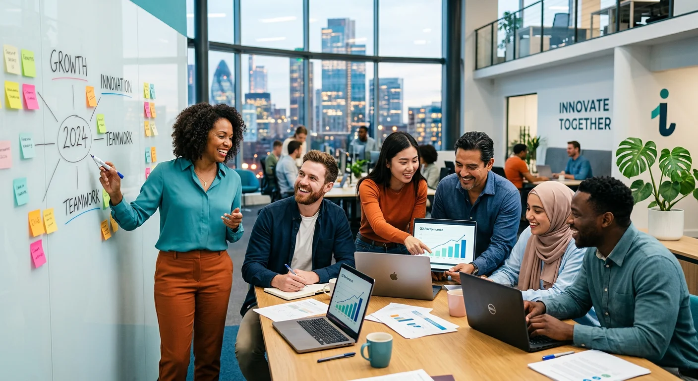 A dynamic, professional hero image showing a diverse team collaborating in a modern office environment, with a focus on positive interaction and teamwork. Style: Vibrant, high-resolution, mood: Optimistic and forward-looking.