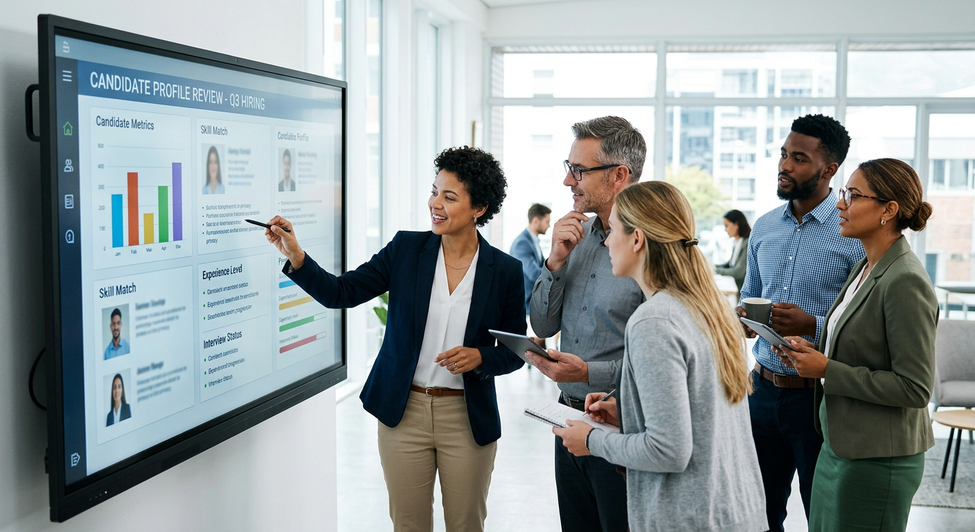 A diverse group of professional recruiters and hiring managers in a modern, bright office, collaboratively reviewing candidate profiles on a large digital screen. Style: professional, dynamic, with a focus on teamwork and technology.