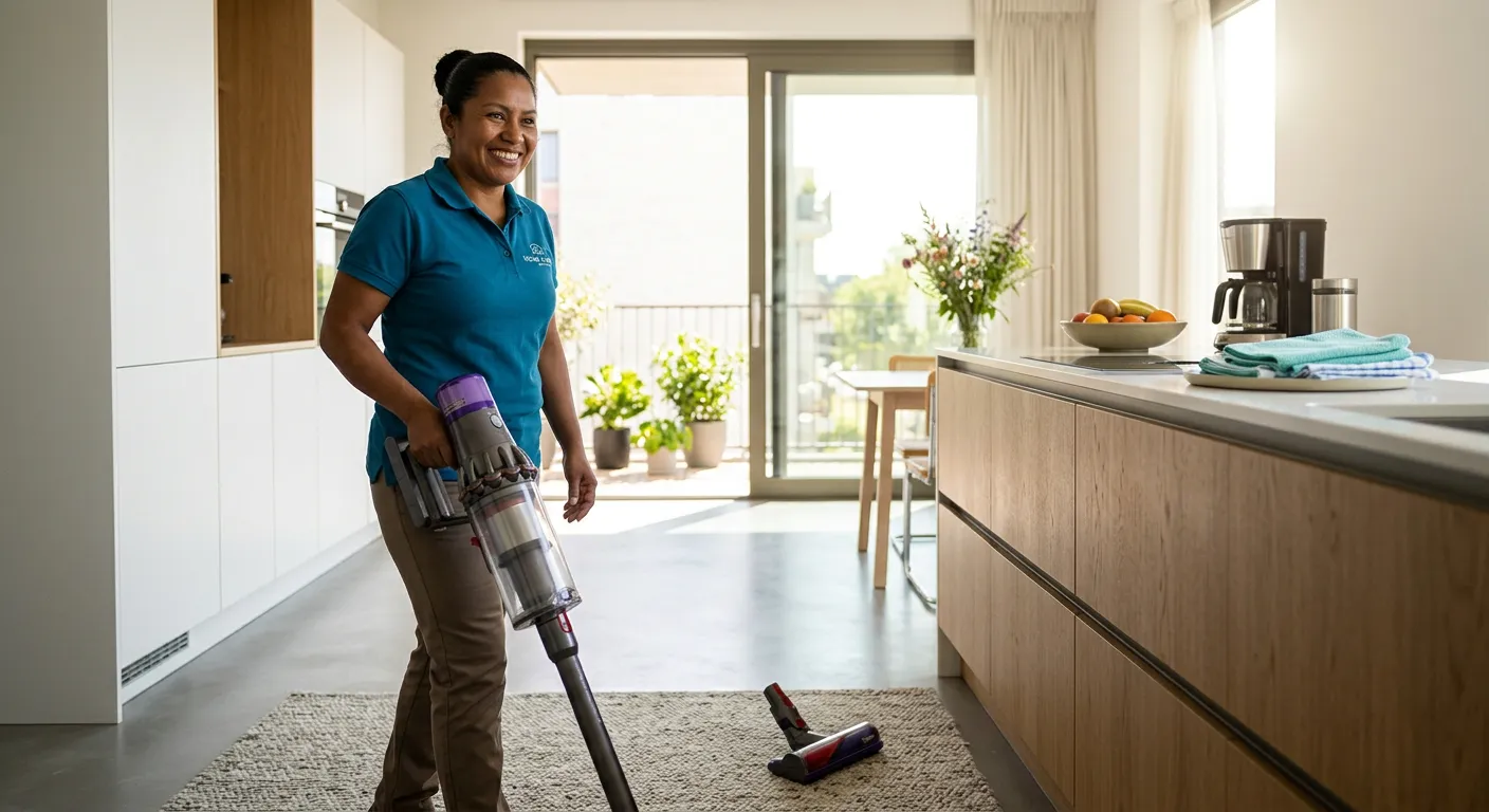 A professional, welcoming image showing a domestic worker in a clean, modern home environment, smili... A professional, welcoming image showing a domestic worker in a clean, modern home environment, smiling while performing household tasks. The image should convey trust, professionalism, and domestic service excellence. Style: Bright, clean, professional photography with natural lighting.