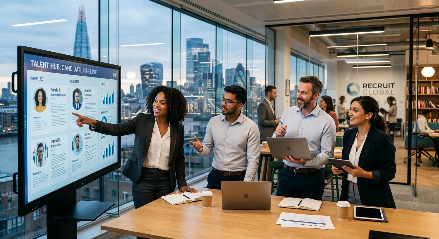 A diverse group of professional recruitment consultants in a modern London office, discussing candidate profiles on a digital screen, with the London skyline visible through the window. Style: professional, vibrant, confident.