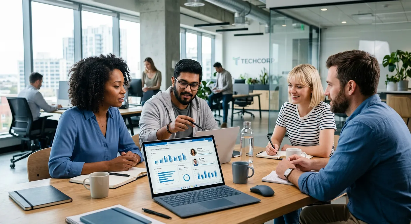 A modern, diverse team of professionals collaborating in a bright, open-plan office. Focus on a laptop screen showing analytics dashboards and talent profiles. Style: professional, dynamic, high-resolution. Mood: collaborative, efficient, and future-focused.