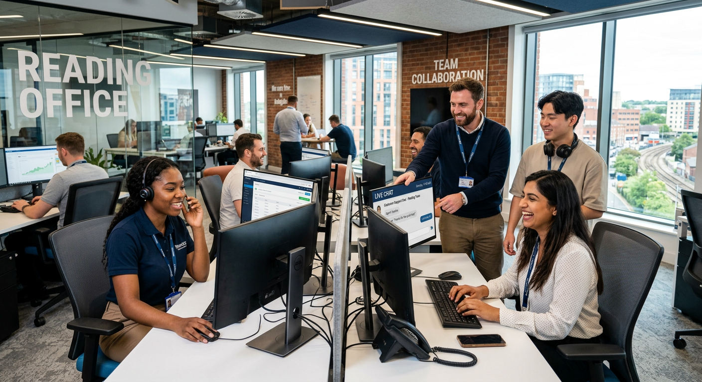 A professional, vibrant photo of a diverse customer service team in a modern Reading office setting, smiling and collaborating. One agent is on a headset, another is helping a customer via live chat on a dual-monitor setup. The mood is energetic, professional, and welcoming.