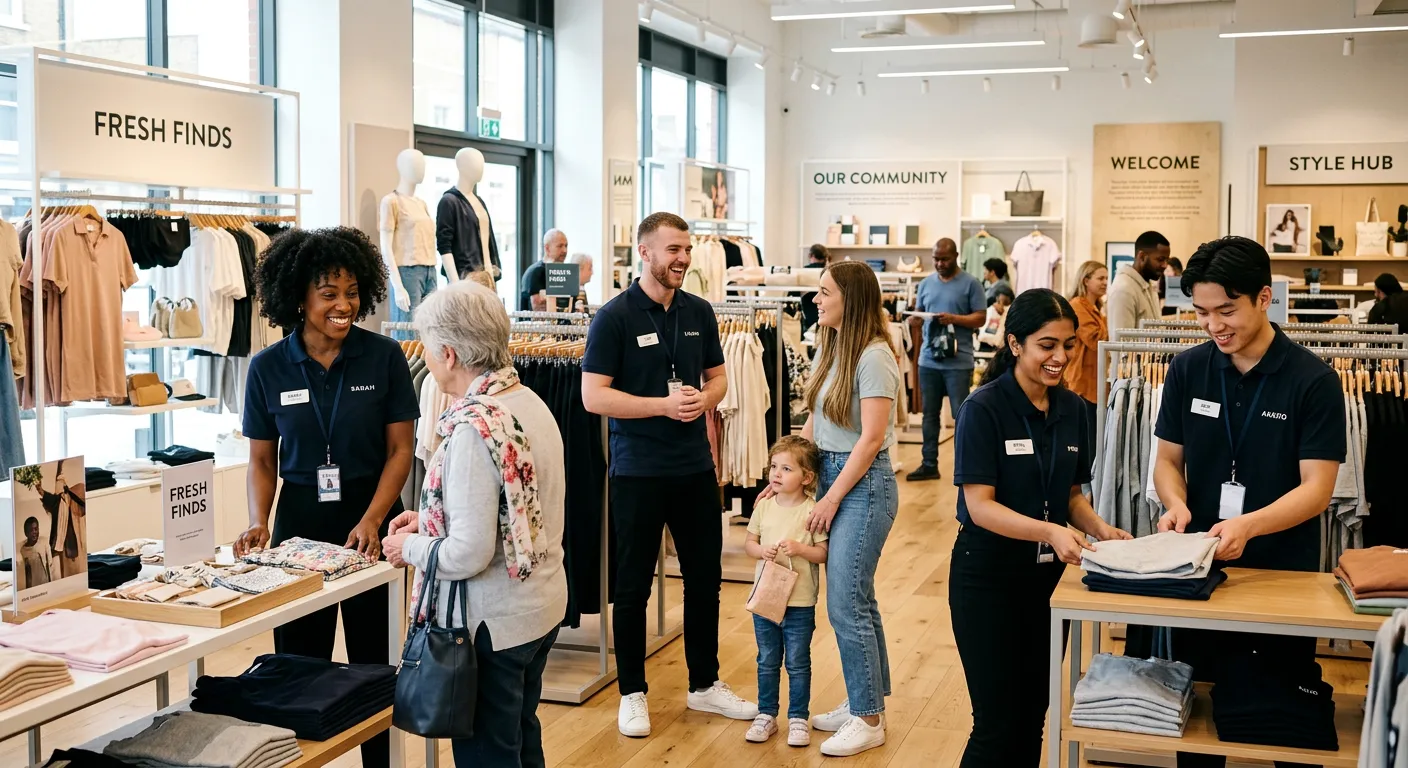 A modern, diverse group of retail assistants smiling and helping customers in a bright, well-lit store, representing teamwork and a positive work environment.