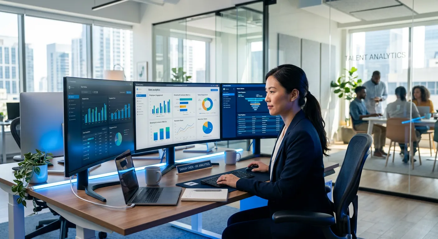 Modern HR professional analyzing data on multiple screens in a bright, minimalist office. Focus on technology, analytics, and diversity. Style: Professional, crisp, futuristic mood with blue accent lighting.