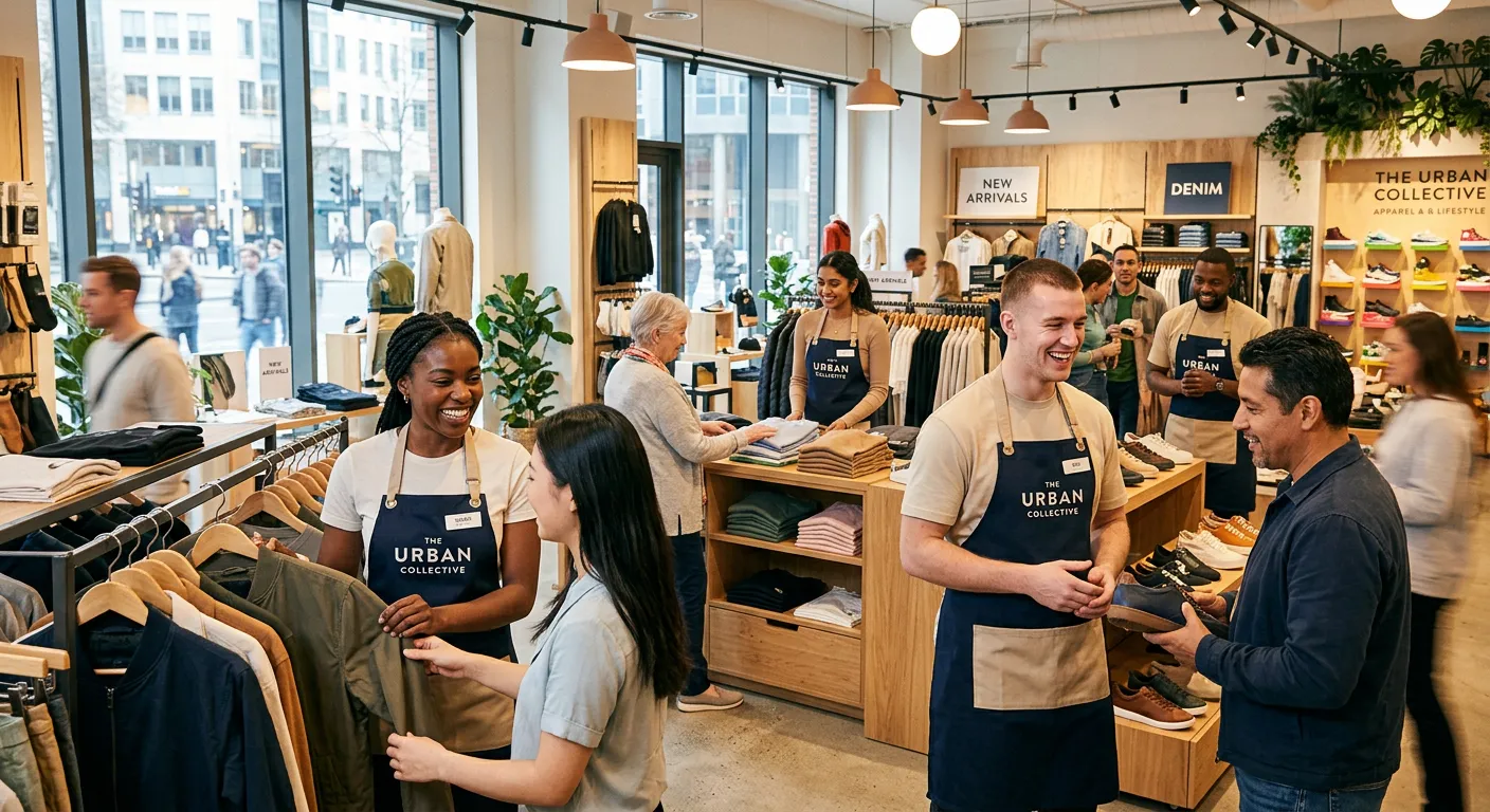 A professional, diverse team of retail staff smiling and assisting customers in a modern, well-lit city store, conveying a positive and energetic workplace atmosphere.