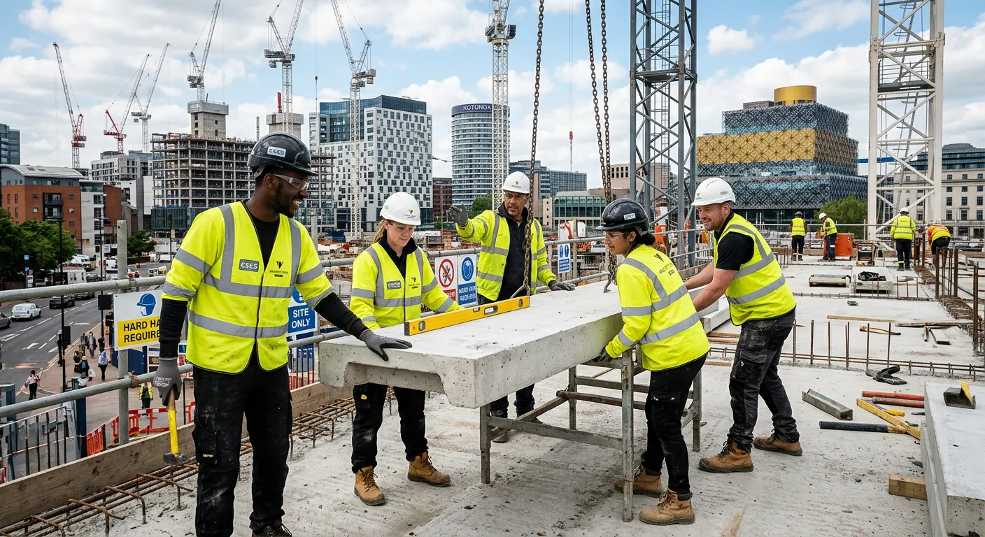 A professional, high-energy photo of a diverse team of CSCS Labourers in hi-vis vests and hard hats working together on a modern construction site in Birmingham, with cranes and cityscape in the background. The mood is industrious, safe, and collaborative.
