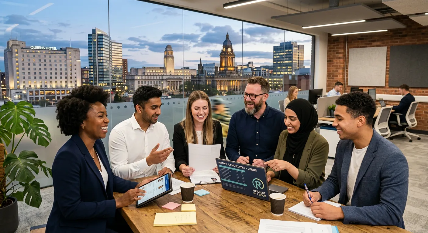 Professional, energetic photo of a diverse team of recruitment consultants in a modern Leeds office, collaborating and smiling, with the Leeds skyline visible through a window. Style: Authentic, professional, inviting.