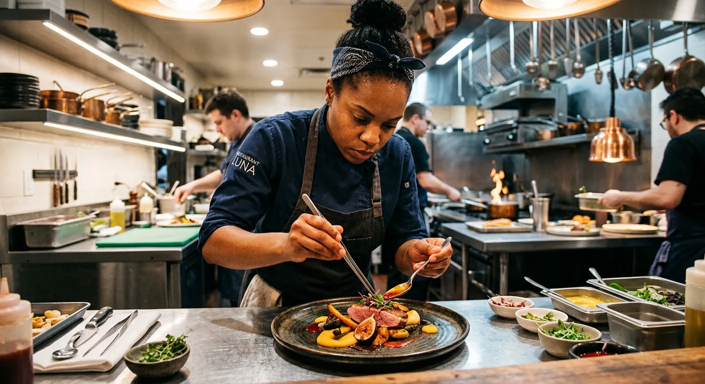 Professional, dynamic image of a chef plating food in a modern kitchen, with warm lighting and a focus on action, conveying energy and expertise
