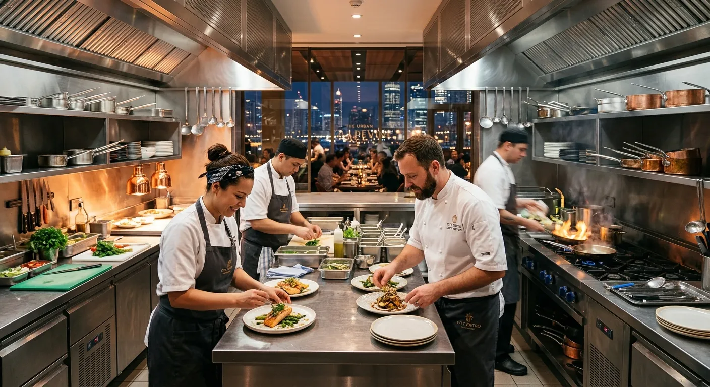 A professional kitchen in City showing chefs in action preparing food, with a clean, modern aesthetic. The image should convey energy, professionalism, and local hospitality venues.