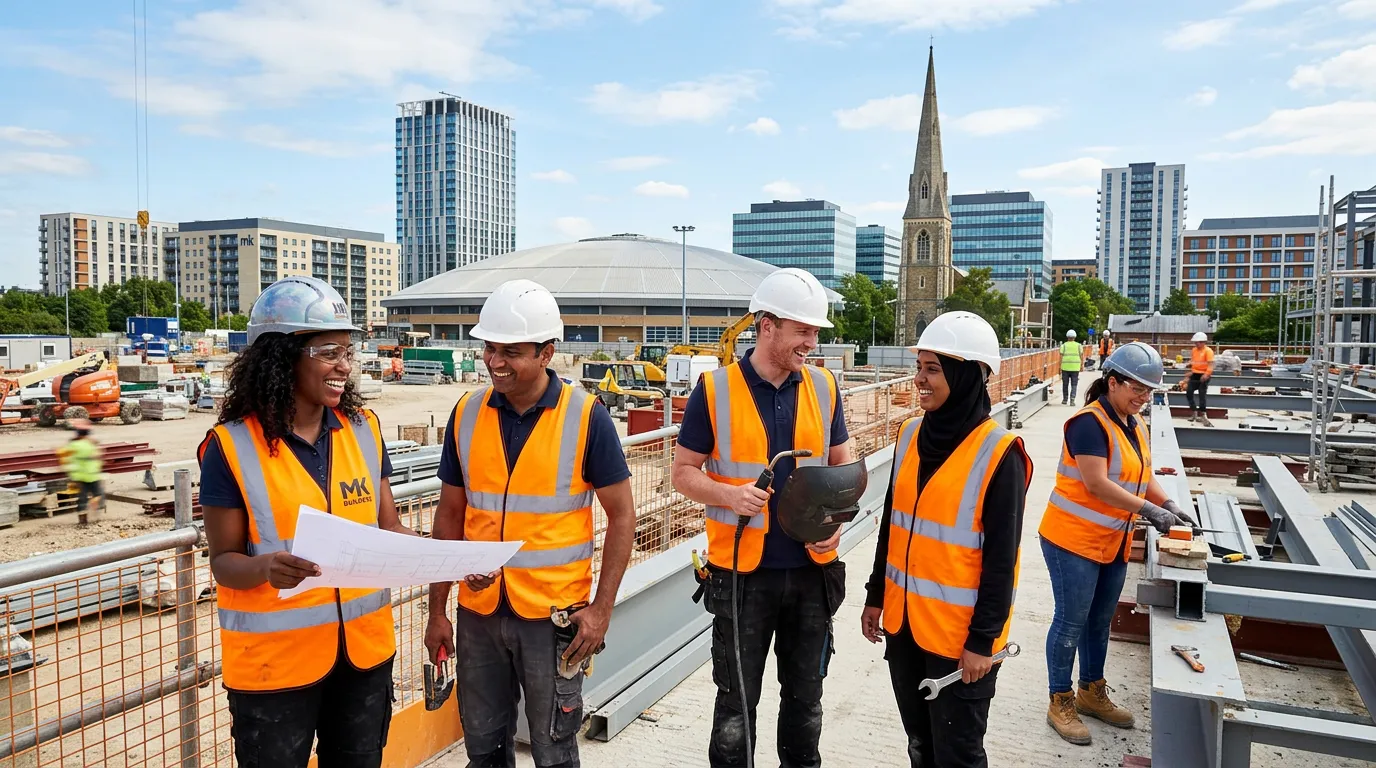 Professional hero image showing a diverse team of labourers working on a construction site in Milton Keynes, smiling and collaborating, with Milton Keynes skyline in background. Bright, optimistic mood.
