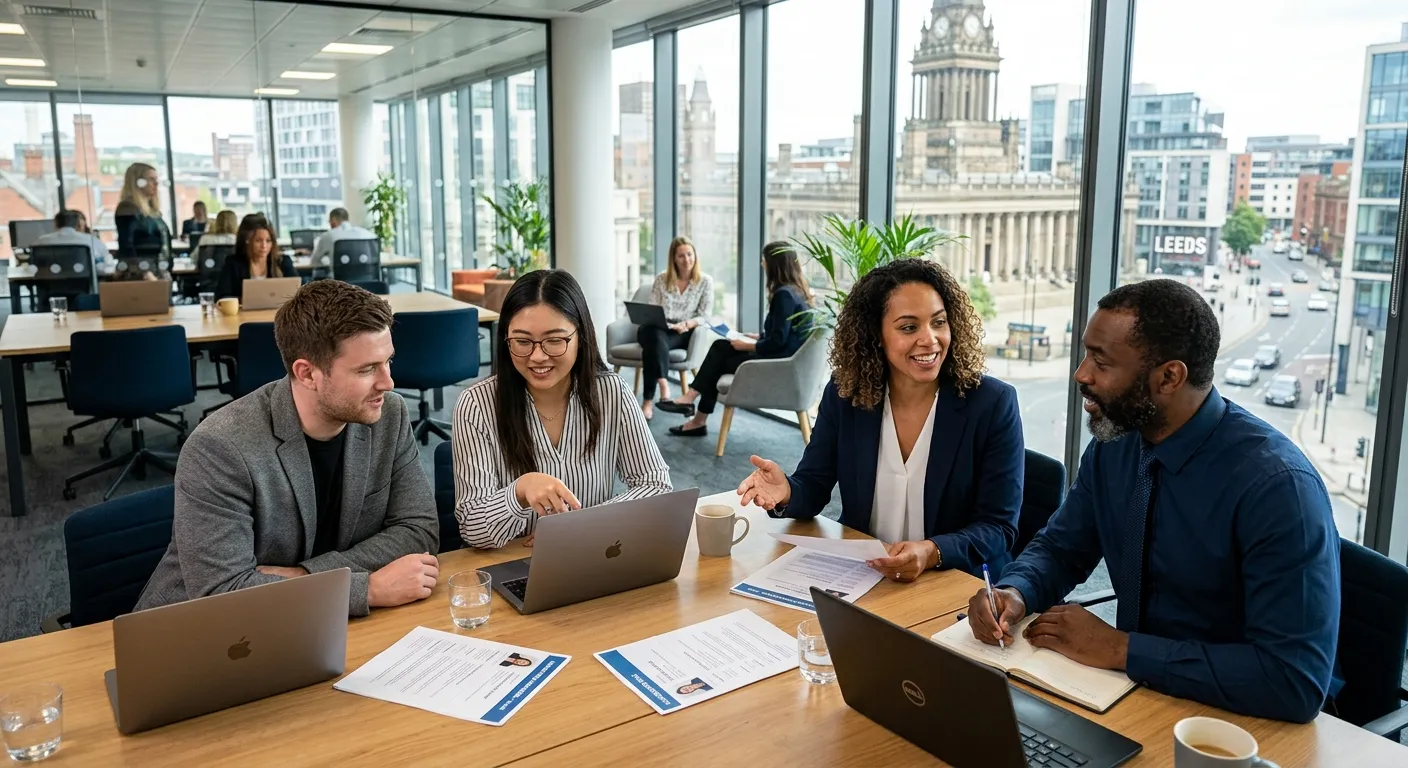 A dynamic, professional hero image showing a diverse group of recruitment consultants and HR professionals in a modern Leeds office setting, collaborating around a table with laptops and candidate profiles. The style should be vibrant, authentic, and convey energy and professionalism.