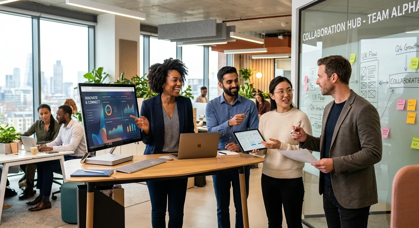 A modern, diverse team of professionals collaborating in a bright, open-plan office. The style should be professional, vibrant, and forward-looking, with a focus on human connection and technology.