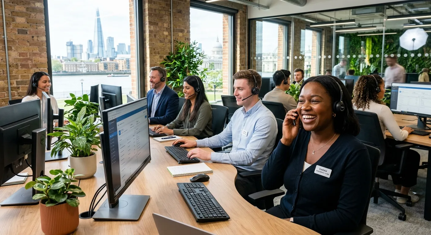 Professional, welcoming image of a diverse customer service team in a modern call centre or office e... Professional, welcoming image of a diverse customer service team in a modern call centre or office environment in Greenwich, London. They are smiling and wearing headsets, with a bright, collaborative atmosphere.