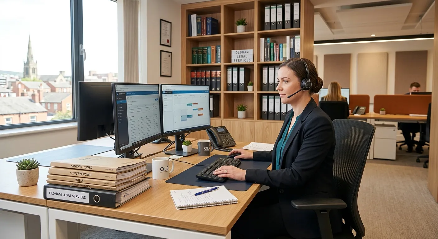 Professional hero image of a modern, organized legal office in Oldham, featuring a focused Legal Sec... Professional hero image of a modern, organized legal office in Oldham, featuring a focused Legal Secretary working at a desk with dual monitors, legal documents, and a headset, conveying competence and efficiency. Style: Professional, bright, and inviting.