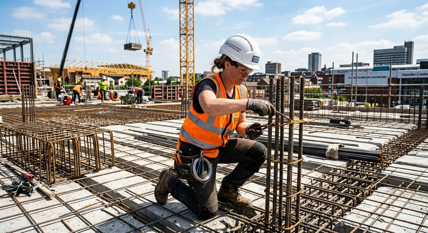 Professional photo of a skilled Steel Fixer on a construction site in Wolverhampton, wearing PPE, working with rebar on a sunny day. Style: Realistic, high-quality, and inspiring.