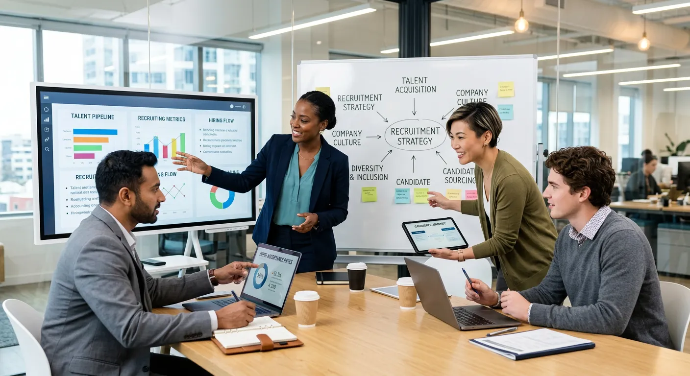 A diverse, professional group of HR managers and recruiters collaborating in a modern, bright office with data screens, symbolizing strategic partnership and talent acquisition.