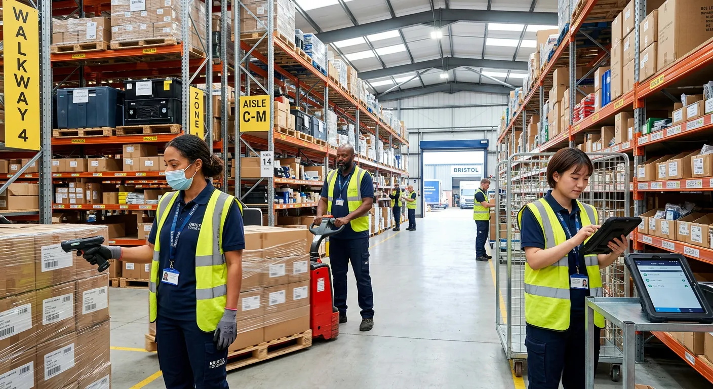 A professional, well-lit image of a modern warehouse in Bristol, showing a diverse team of warehouse assistants working efficiently. They are engaged in tasks like scanning barcodes, moving goods on a pallet truck, and checking inventory on a tablet. The mood is energetic, organised, and professional.