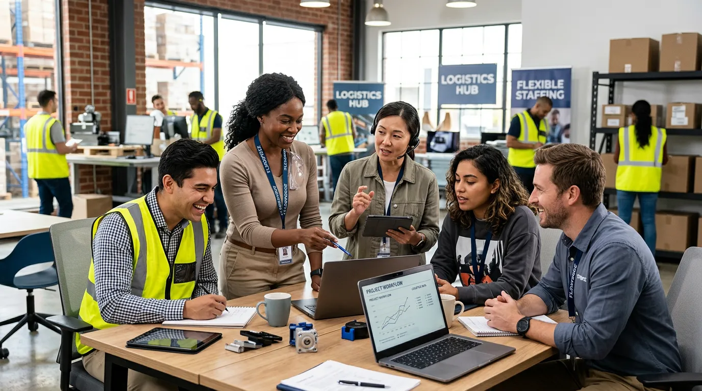 A dynamic, professional hero image showing a diverse team of temporary workers collaborating in a mo... A dynamic, professional hero image showing a diverse team of temporary workers collaborating in a modern office/warehouse environment. Focus on energy, teamwork, and a professional setting. Style: Bright, high-contrast, realistic business photography.