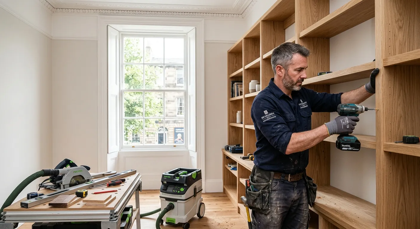 A professional carpenter in Edinburgh fitting bespoke shelving in a modern, light-filled Georgian to... A professional carpenter in Edinburgh fitting bespoke shelving in a modern, light-filled Georgian townhouse in the EH2 postcode area, showcasing precision workmanship and high-quality tools.