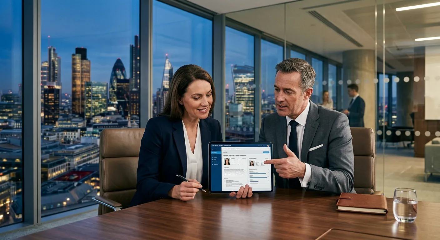 A professional, high-stakes business environment. A hiring manager and a headhunter are reviewing candidate profiles on a sleek tablet, with a city skyline visible through a modern office window. Style: Corporate, aspirational, focused. Mood: Strategic, confident, and successful.