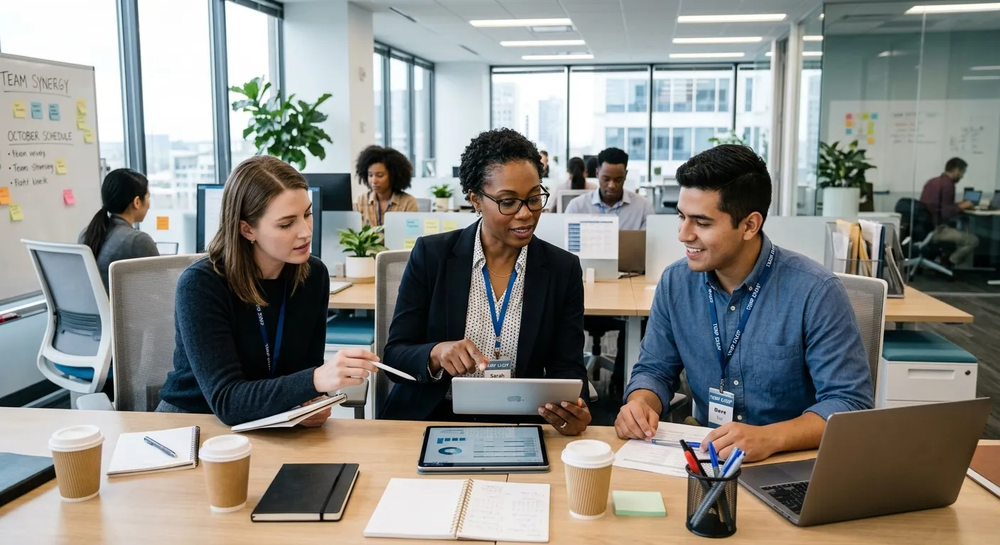 A professional, well-lit image of a diverse team of temporary workers collaborating in a modern office setting, with a manager reviewing a tablet. Style: Corporate, authentic, high-resolution. Mood: Productive, efficient, and dynamic.