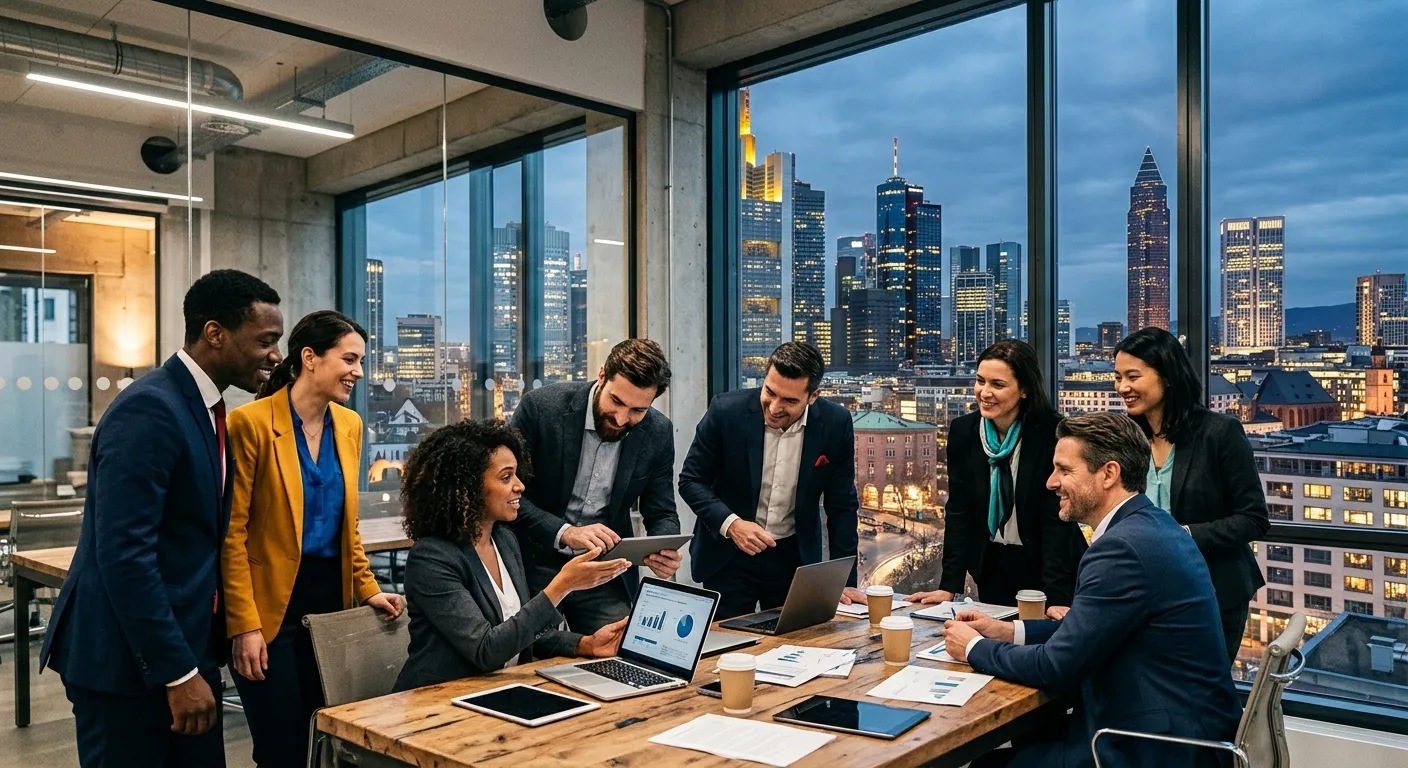 A professional, dynamic shot of a modern German city skyline (like Frankfurt or Berlin) blending with a diverse group of professionals in a collaborative office setting. Style: Professional, high-contrast, slightly desaturated with vibrant accent colors on business attire. Mood: Innovative, connected, and forward-thinking.