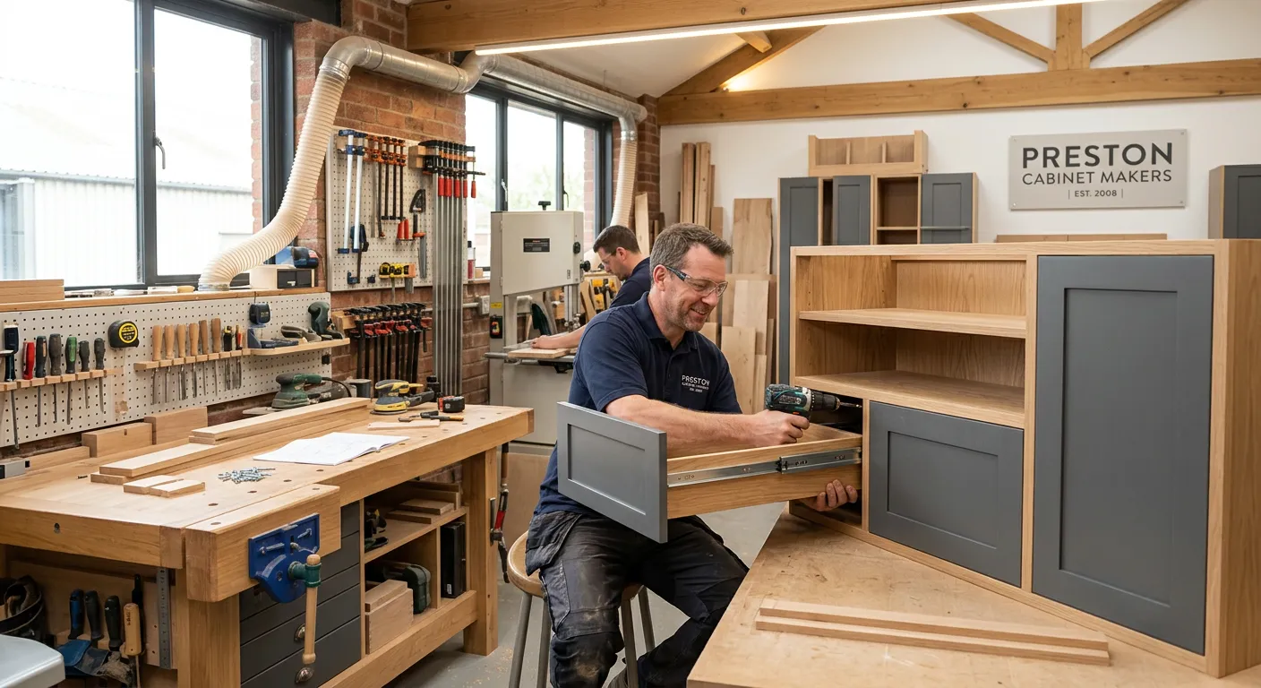 A professional, well-lit image of a skilled cabinet maker in a modern workshop in Preston, assemblin... A professional, well-lit image of a skilled cabinet maker in a modern workshop in Preston, assembling a high-quality kitchen cabinet unit. The image should convey craftsmanship, precision, and a clean, safe working environment.
