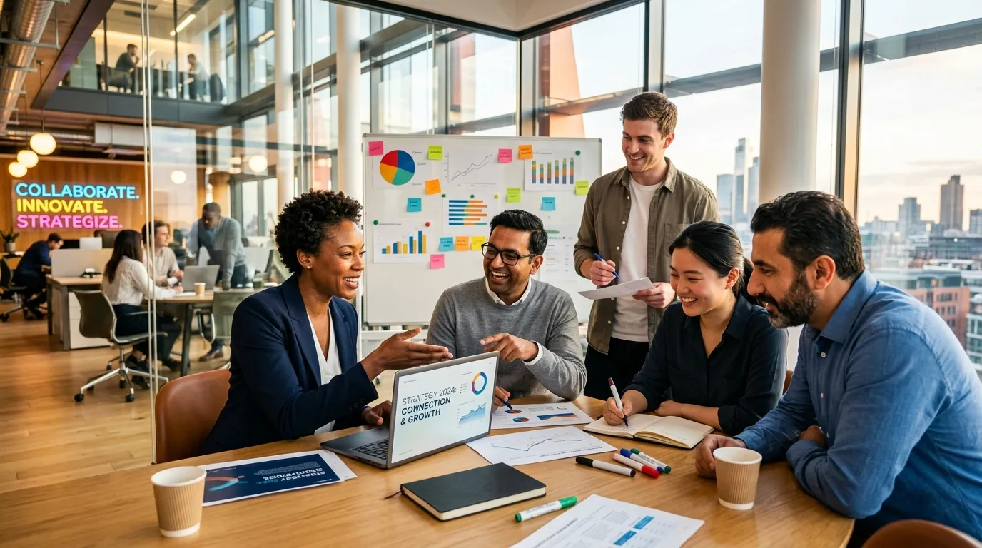 A dynamic, professional hero image showing a diverse group of professionals in a modern office collaborating, with a focus on connection and strategy. Style: High-contrast, vibrant, and inspiring.
