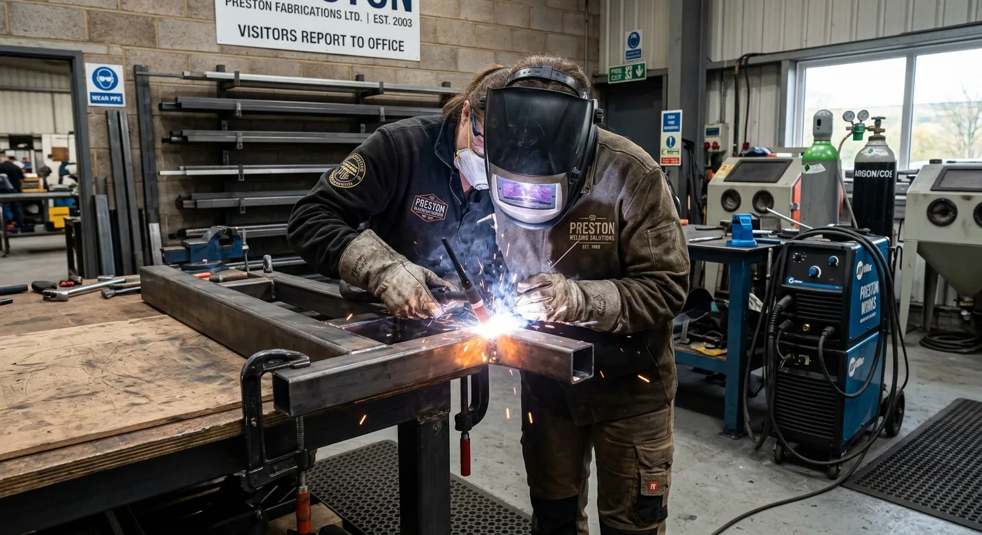 A professional welder in a workshop in Preston, wearing safety gear, expertly joining metal components with a welding torch, showcasing skill and focus in a clean industrial environment.
