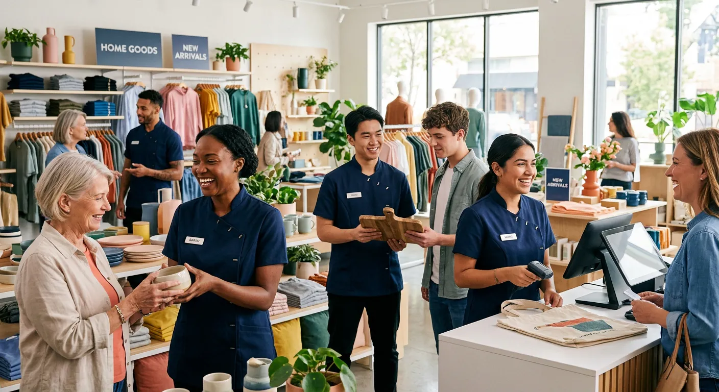 A diverse group of confident retail staff in modern uniforms, smiling and assisting customers in a bright, well-organized store. Style: Professional, vibrant, and inclusive stock photo.