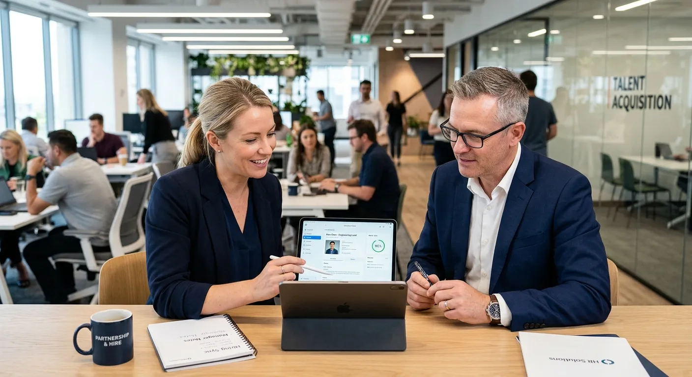 A dynamic, professional office environment with a recruiter and a business manager reviewing candidate profiles on a tablet, symbolizing partnership and efficient hiring. Modern, bright, and focused.