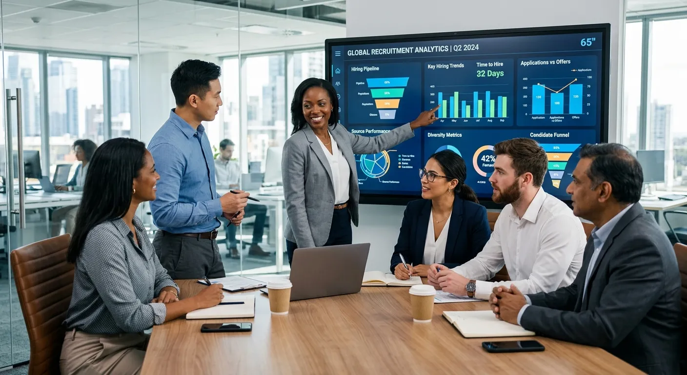 A professional, high-contrast image of a diverse team of business professionals in a modern office,... A professional, high-contrast image of a diverse team of business professionals in a modern office, collaborating around a digital dashboard showing recruitment analytics. Style: Corporate, vibrant, focused. Mood: Efficient, successful, collaborative.