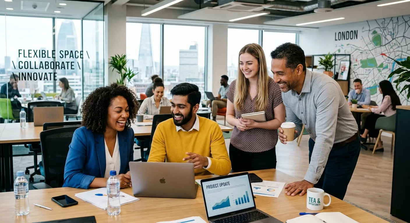 A diverse group of professional temporary workers in an urban UK setting, smiling and collaborating... A diverse group of professional temporary workers in an urban UK setting, smiling and collaborating in a modern office/workspace. Style: professional, bright, and energetic, conveying flexibility and opportunity.