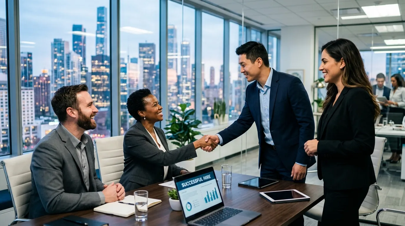 A dynamic, professional hero image showing a diverse group of business managers and candidates shaki... A dynamic, professional hero image showing a diverse group of business managers and candidates shaking hands in a modern office environment, with a cityscape blurry in the background. Style: professional, optimistic, high-contrast. Mood: collaborative and successful.