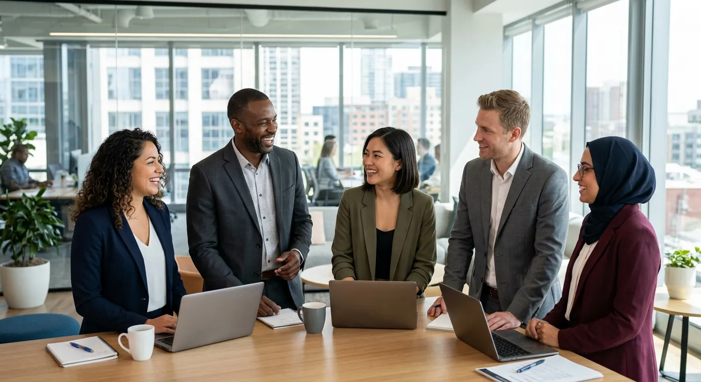 A diverse group of professional candidates in a modern office setting, looking engaged and confident... A diverse group of professional candidates in a modern office setting, looking engaged and confident. Style: Bright, professional, high-resolution corporate photography.