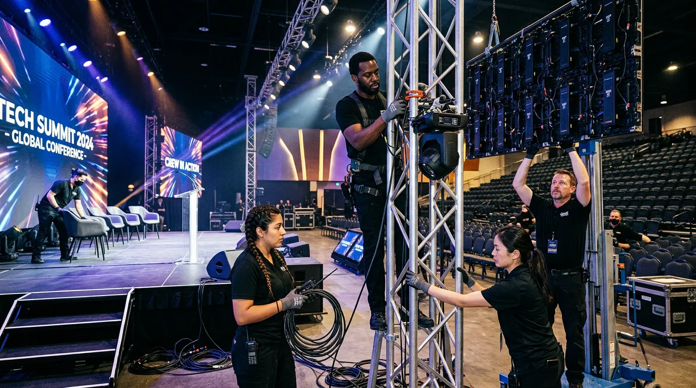A dynamic, professional hero image showing a diverse, skilled event crew in action at a large confer... A dynamic, professional hero image showing a diverse, skilled event crew in action at a large conference. They are setting up lighting rigs and arranging staging with focused expressions. The mood is energetic, professional, and high-contrast.