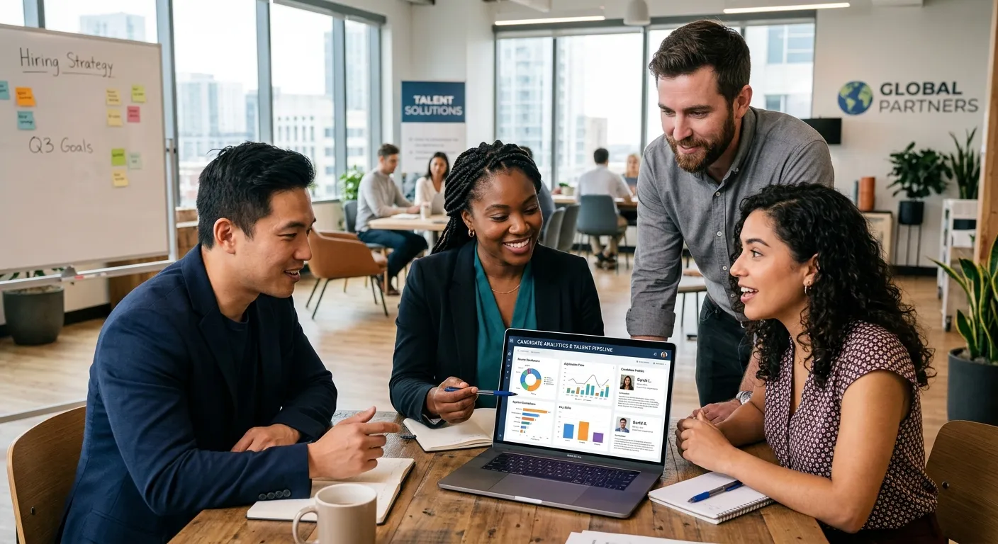 A modern, diverse group of professionals in a collaborative office setting, looking at a laptop screen showing analytics dashboards and candidate profiles. Style: Professional, bright, and forward-looking with a focus on teamwork and technology.