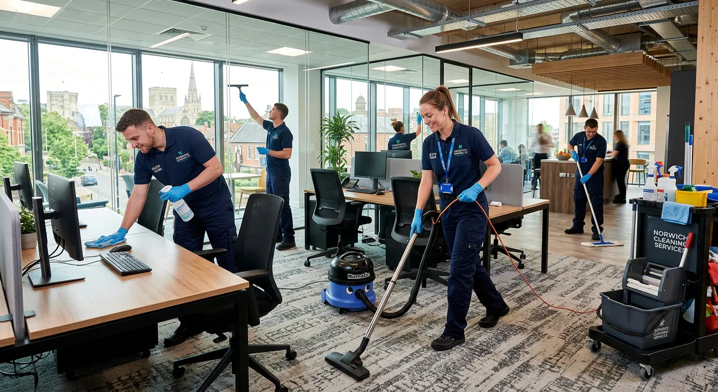 A professional, high-energy photo of a team of cleaning operatives in crisp uniforms, efficiently cleaning a modern, bright office space in Norwich. Focus on action, professionalism, and high-contrast details.