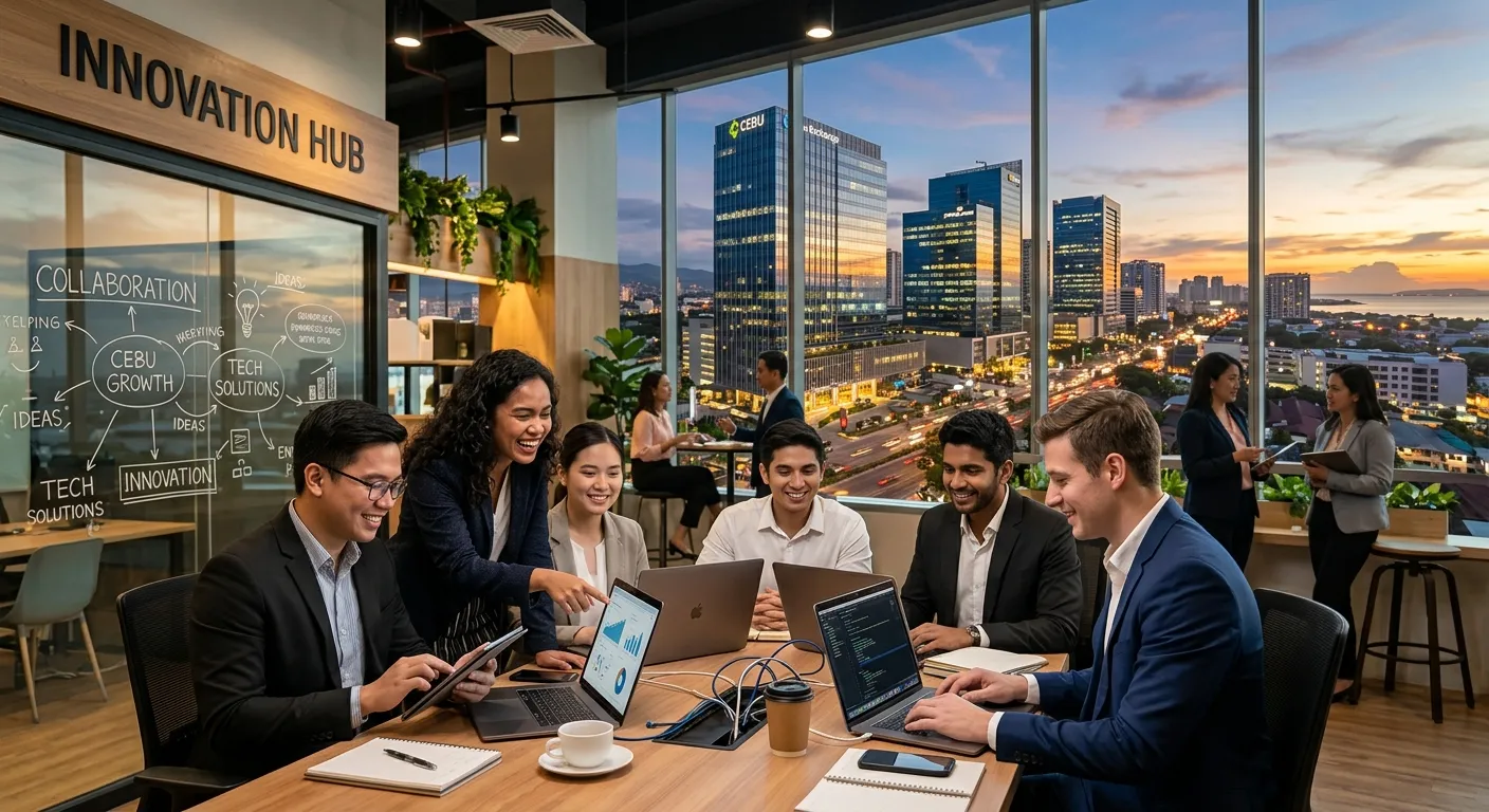 A dynamic, professional photo of Cebu's modern business district skyline blending with a diverse gro... A dynamic, professional photo of Cebu's modern business district skyline blending with a diverse group of professionals in a collaborative workspace, symbolizing the fusion of local talent and economic opportunity. Style: Vibrant, optimistic, high-contrast. Mood: Energetic and forward-looking.