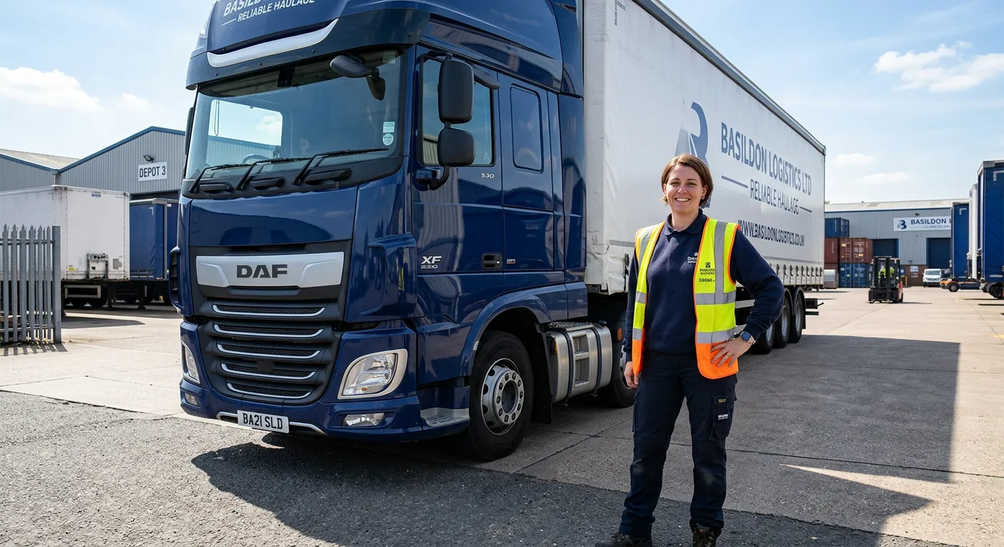Professional, confident HGV driver in hi-vis vest standing proudly beside a modern articulated lorry... Professional, confident HGV driver in hi-vis vest standing proudly beside a modern articulated lorry in a logistics yard in Basildon, sunny day, conveying reliability and opportunity.